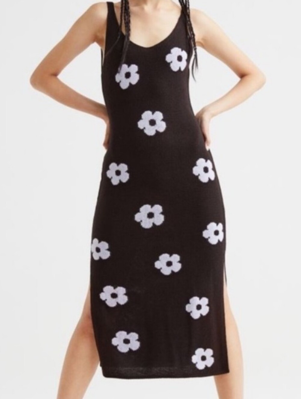 H&M Black Knit Dress with White Floral Appliqué